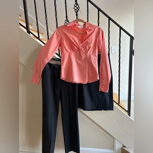 LOFT Peach Twist-Front Blouse with Charcoal Dress Pants & Skirt